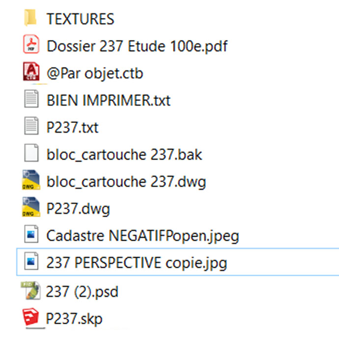dossier fichiers architecture dans l'explorateur. AutoCad, Sketchup, style de tracés .ctb, perspective Photoshop .psd et dossier PDF. 