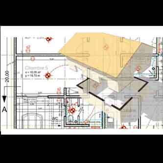 Cours formation architecte. Maison coupée. Plan d'électricité.