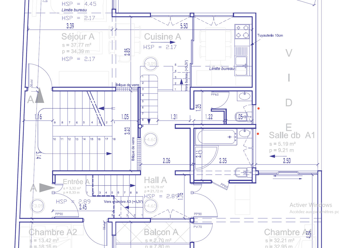 Plan exécution architecte. Escalier, toilettes